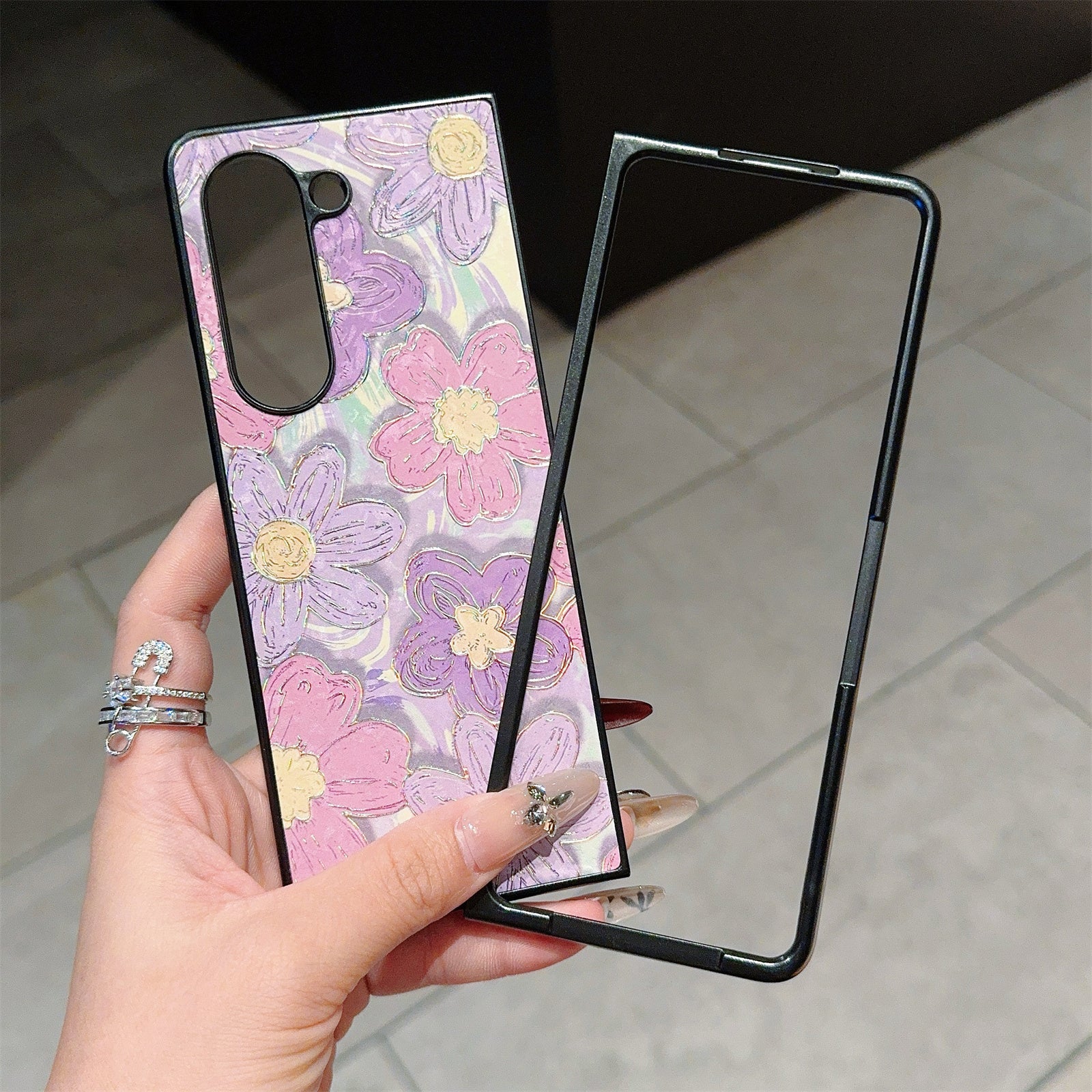 For Samsung Galaxy Z Fold6 5G Case Lacquered Pattern PU Leather PC Phone Cover - Purple Flowers
