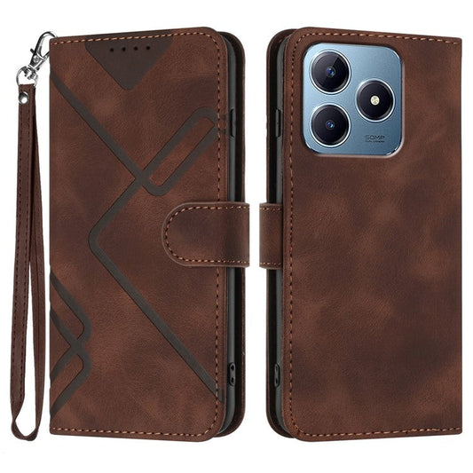 YX0040 For Realme C63 4G Case Leather Phone Cover Geometry Pattern - Coffee