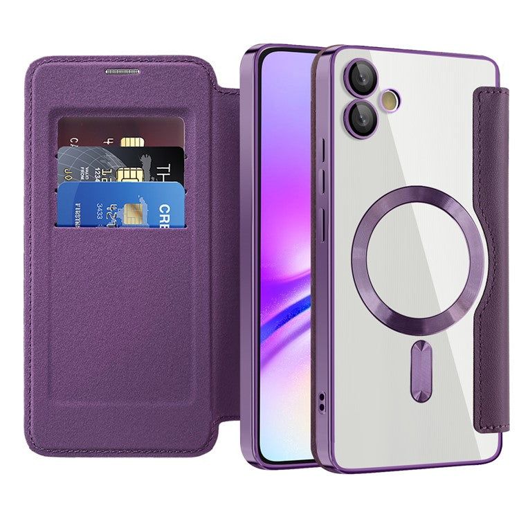 For Samsung Galaxy A05 4G Magnetic Case RFID Blocking Card Holder PU Leather Phone Cover - Purple