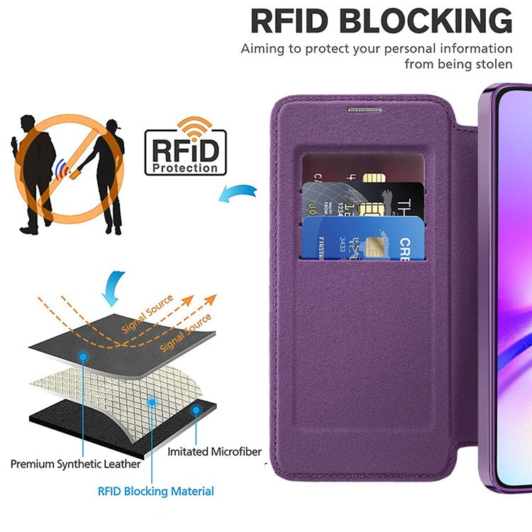 For Samsung Galaxy A05 4G Magnetic Case RFID Blocking Card Holder PU Leather Phone Cover - Purple