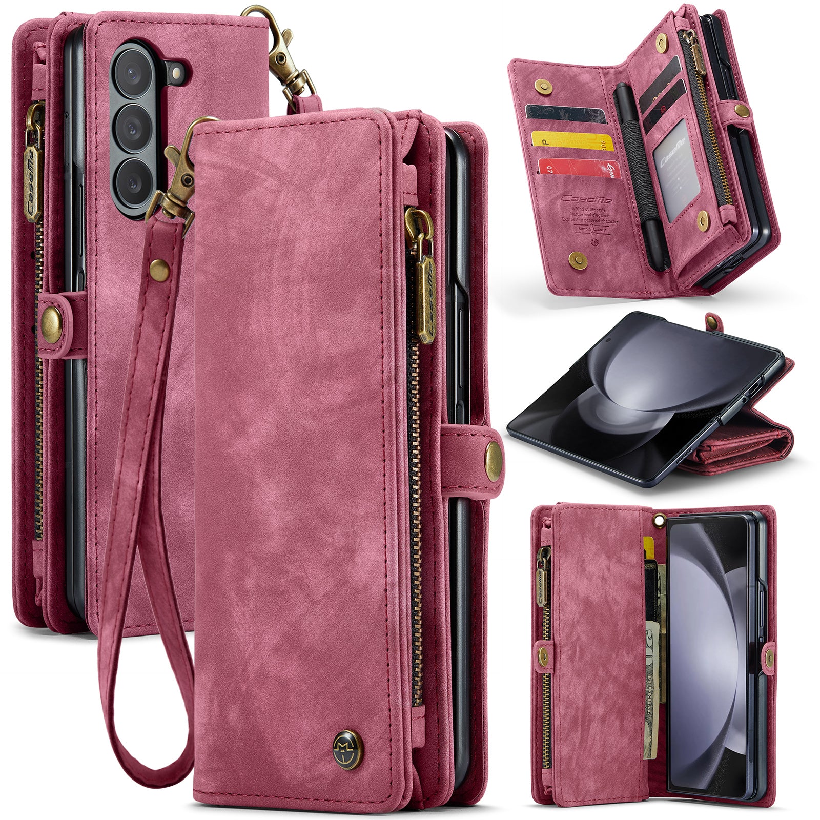 CASEME 008 Series for Samsung Galaxy Z Fold6 5G Case Leather Phone Cover Zipper Pocket - Red