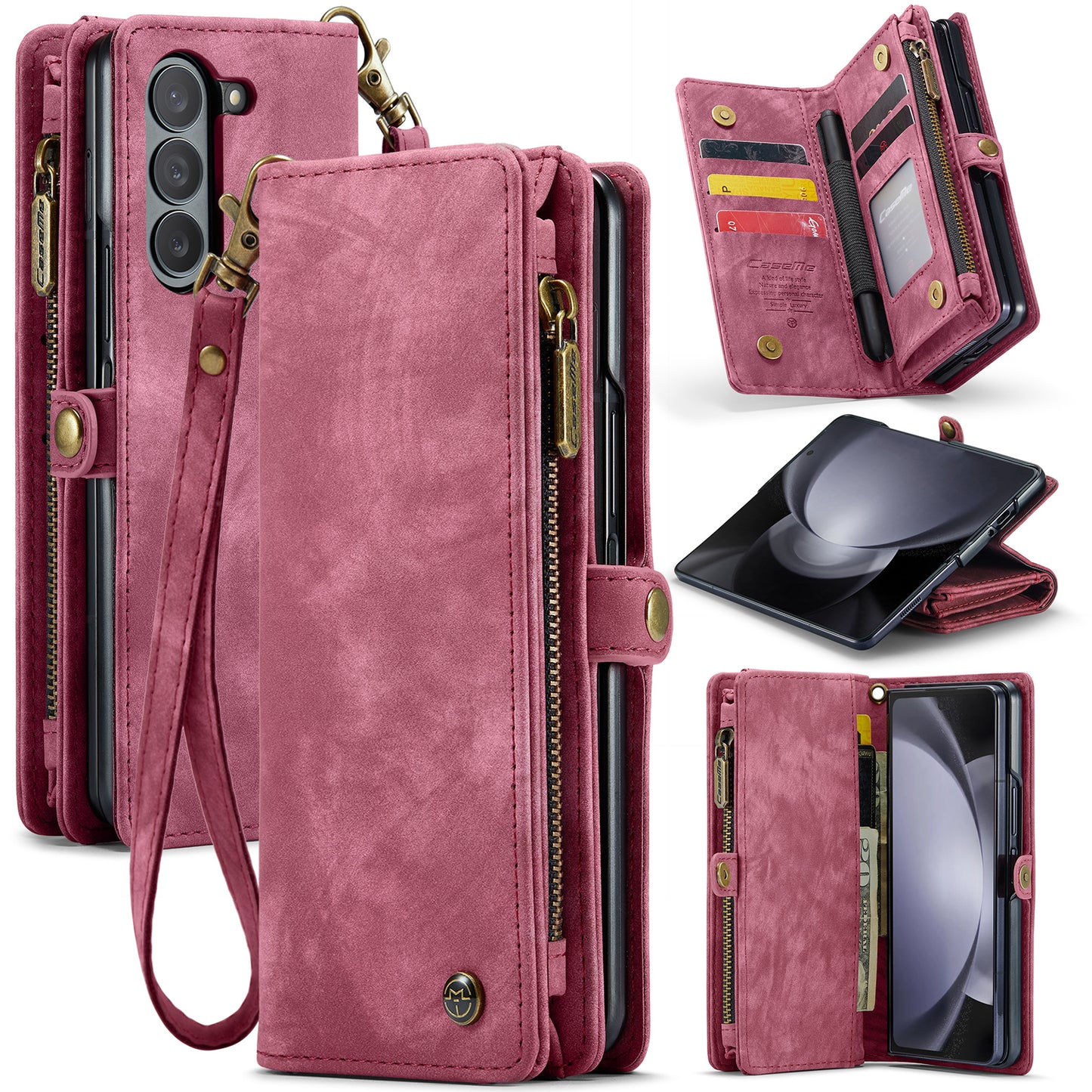 CASEME 008 Series for Samsung Galaxy Z Fold6 5G Case Leather Phone Cover Zipper Pocket - Red