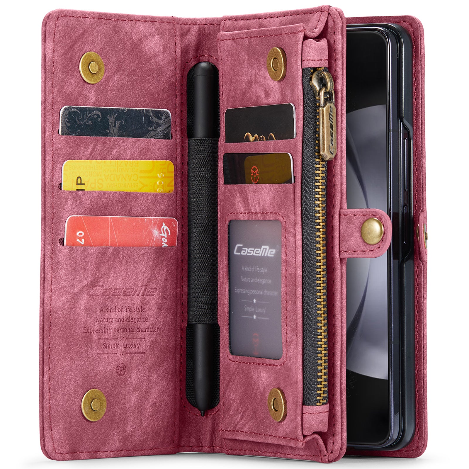 CASEME 008 Series for Samsung Galaxy Z Fold6 5G Case Leather Phone Cover Zipper Pocket - Red
