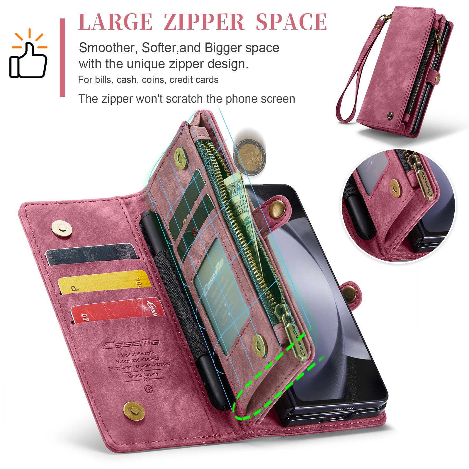 CASEME 008 Series for Samsung Galaxy Z Fold6 5G Case Leather Phone Cover Zipper Pocket - Red