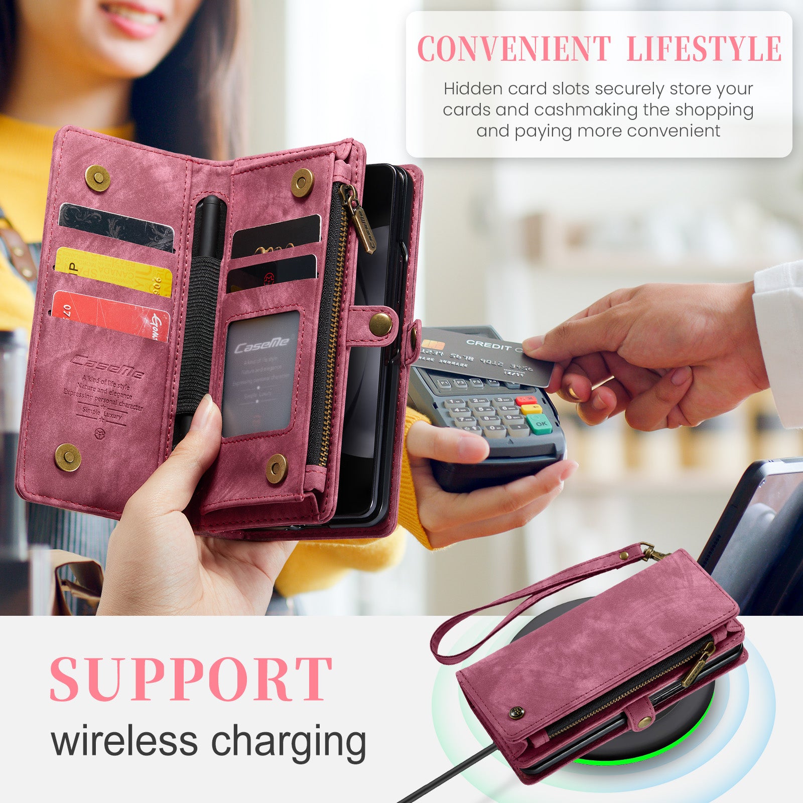 CASEME 008 Series for Samsung Galaxy Z Fold6 5G Case Leather Phone Cover Zipper Pocket - Red