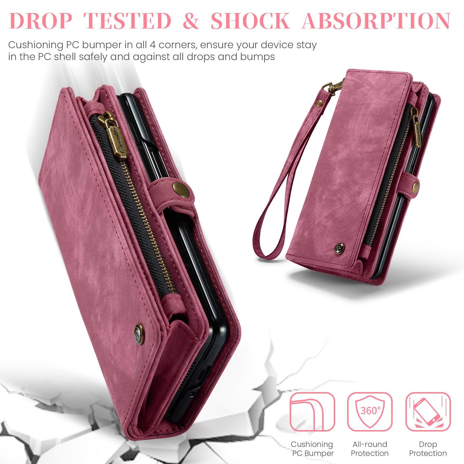 CASEME 008 Series for Samsung Galaxy Z Fold6 5G Case Leather Phone Cover Zipper Pocket - Red