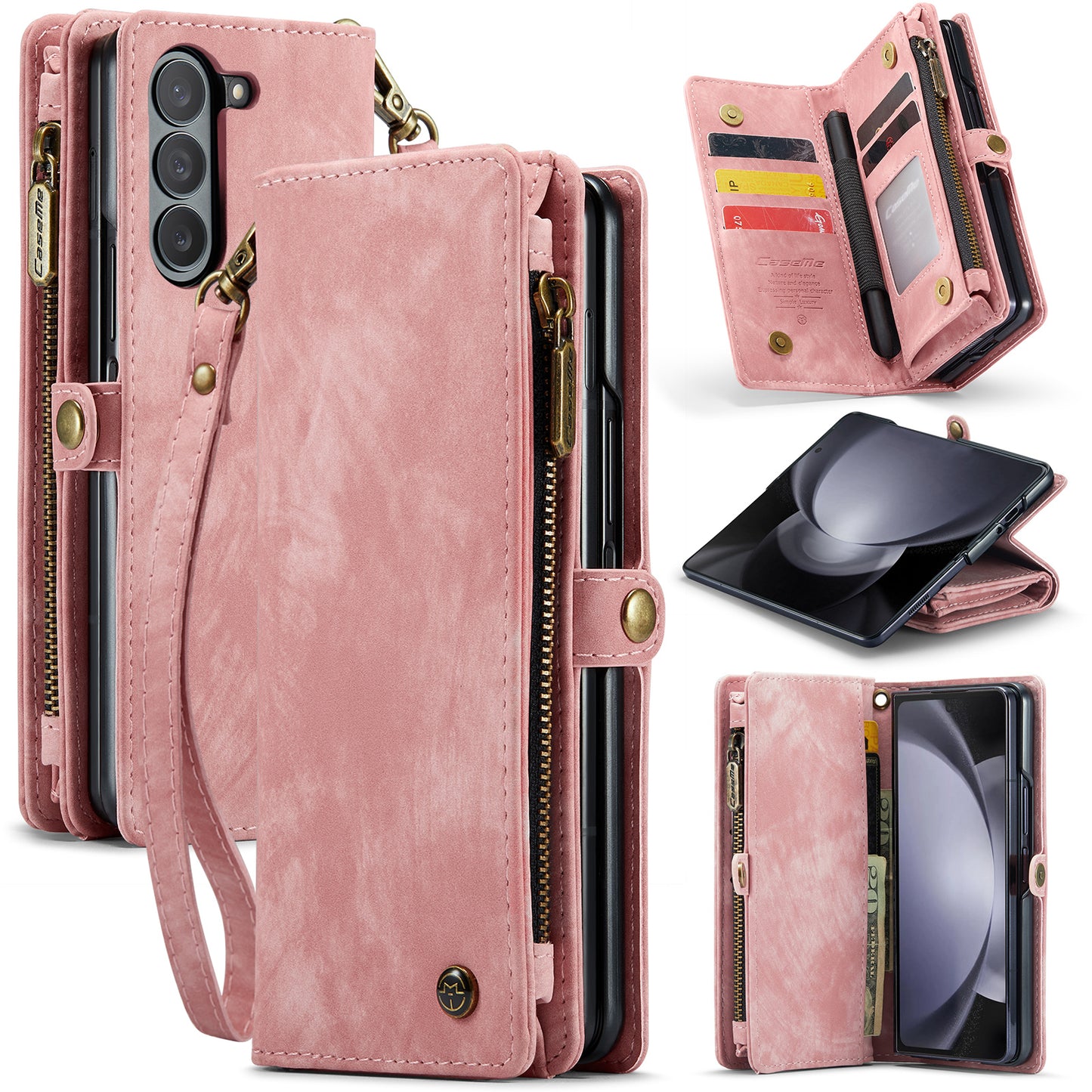 CASEME 008 Series for Samsung Galaxy Z Fold6 5G Case Leather Phone Cover Zipper Pocket - Pink