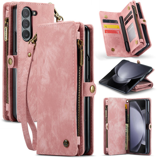 CASEME 008 Series for Samsung Galaxy Z Fold6 5G Case Leather Phone Cover Zipper Pocket - Pink