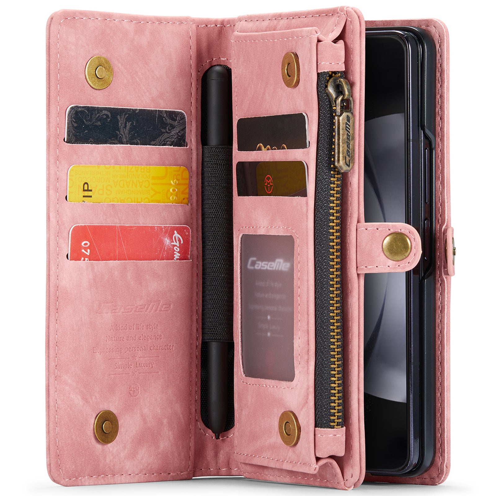 CASEME 008 Series for Samsung Galaxy Z Fold6 5G Case Leather Phone Cover Zipper Pocket - Pink
