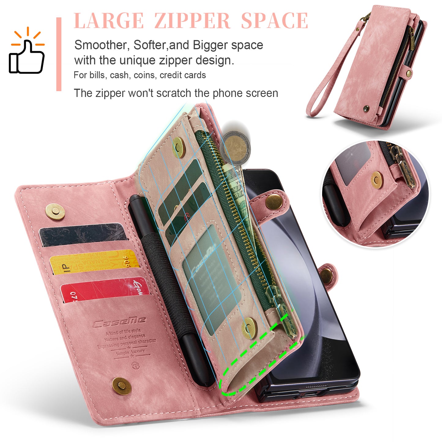 CASEME 008 Series for Samsung Galaxy Z Fold6 5G Case Leather Phone Cover Zipper Pocket - Pink