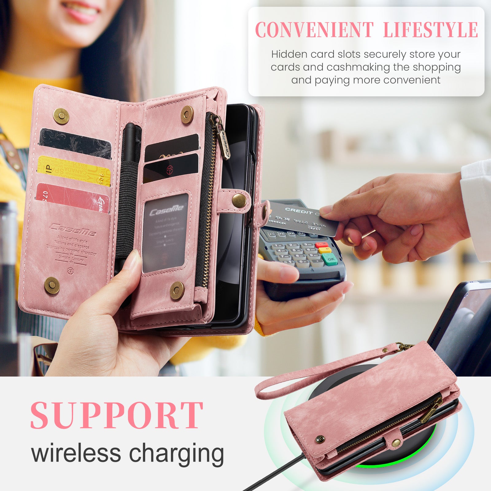 CASEME 008 Series for Samsung Galaxy Z Fold6 5G Case Leather Phone Cover Zipper Pocket - Pink