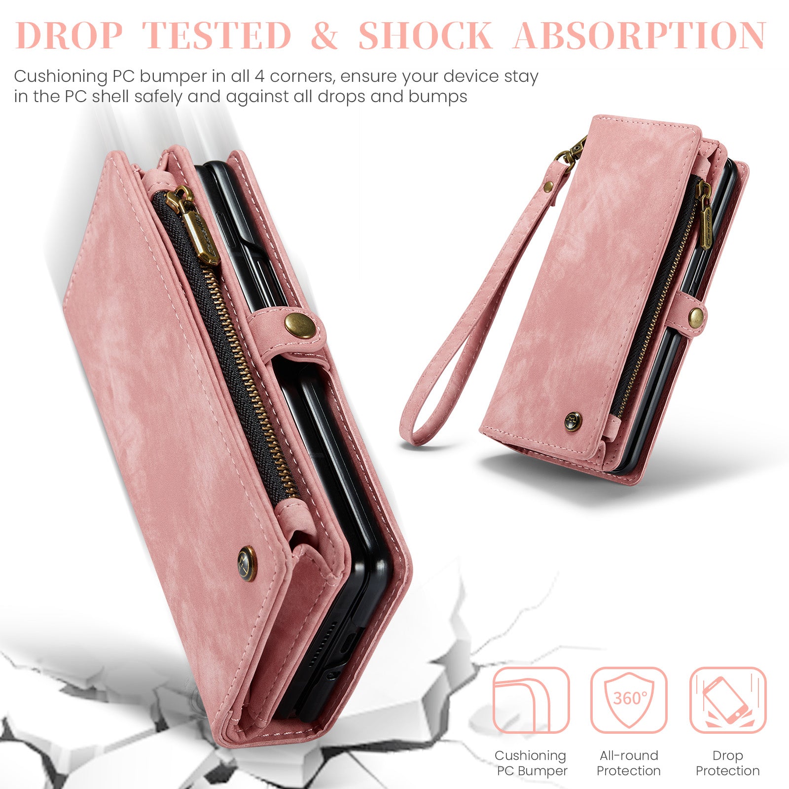 CASEME 008 Series for Samsung Galaxy Z Fold6 5G Case Leather Phone Cover Zipper Pocket - Pink