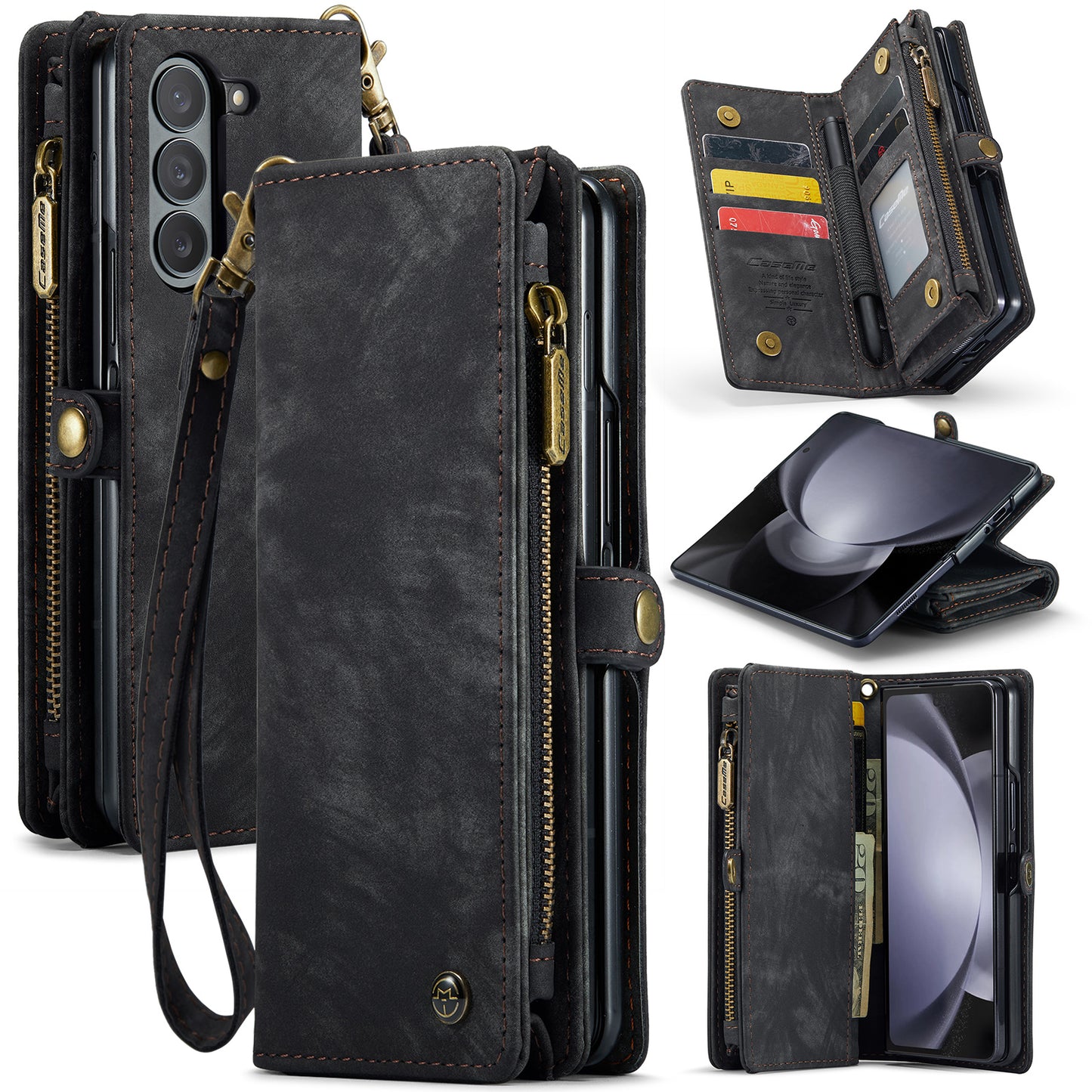 CASEME 008 Series for Samsung Galaxy Z Fold6 5G Case Leather Phone Cover Zipper Pocket - Black