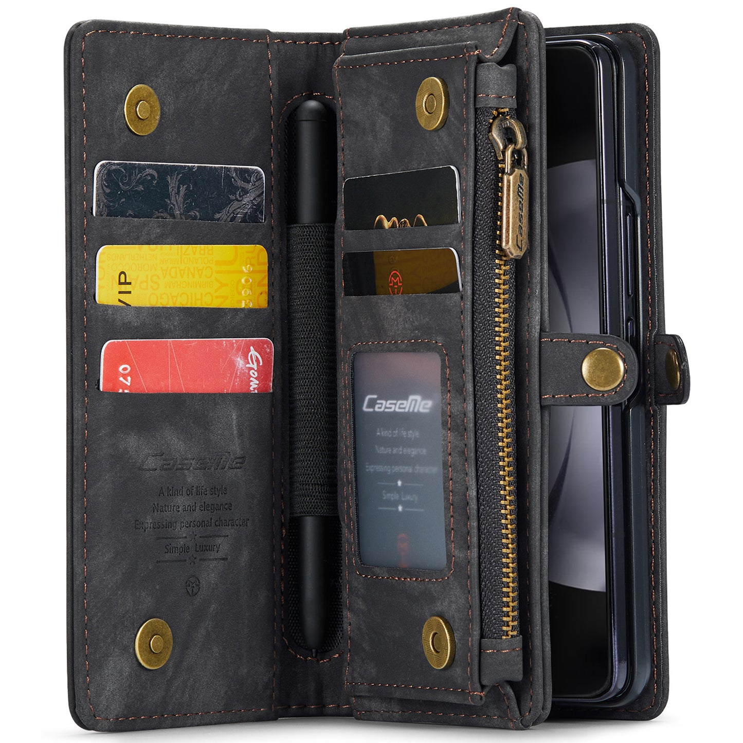 CASEME 008 Series for Samsung Galaxy Z Fold6 5G Case Leather Phone Cover Zipper Pocket - Black