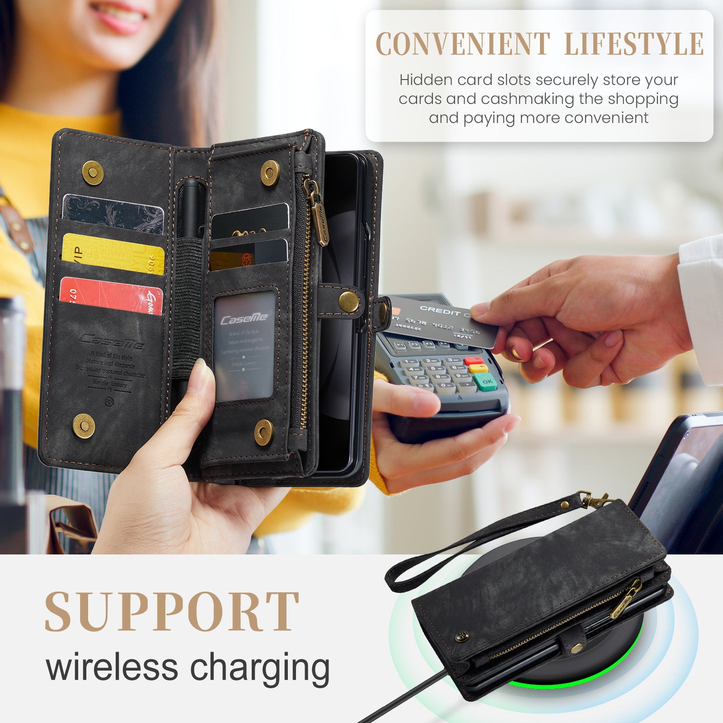 CASEME 008 Series for Samsung Galaxy Z Fold6 5G Case Leather Phone Cover Zipper Pocket - Black