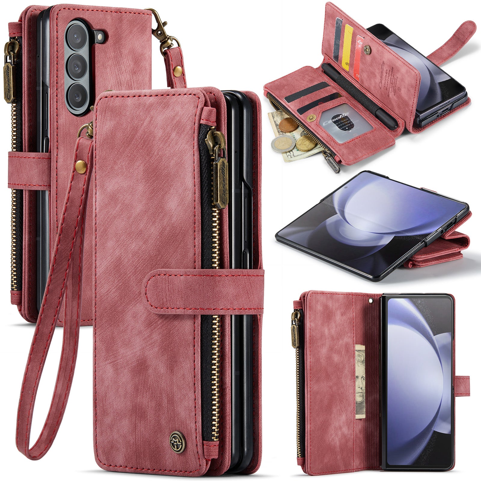 CASEME C30 Series for Samsung Galaxy Z Fold6 5G Leather Phone Case with 5 Card Slots - Red