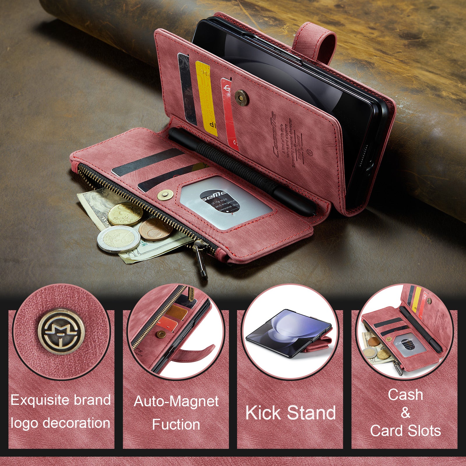 CASEME C30 Series for Samsung Galaxy Z Fold6 5G Leather Phone Case with 5 Card Slots - Red