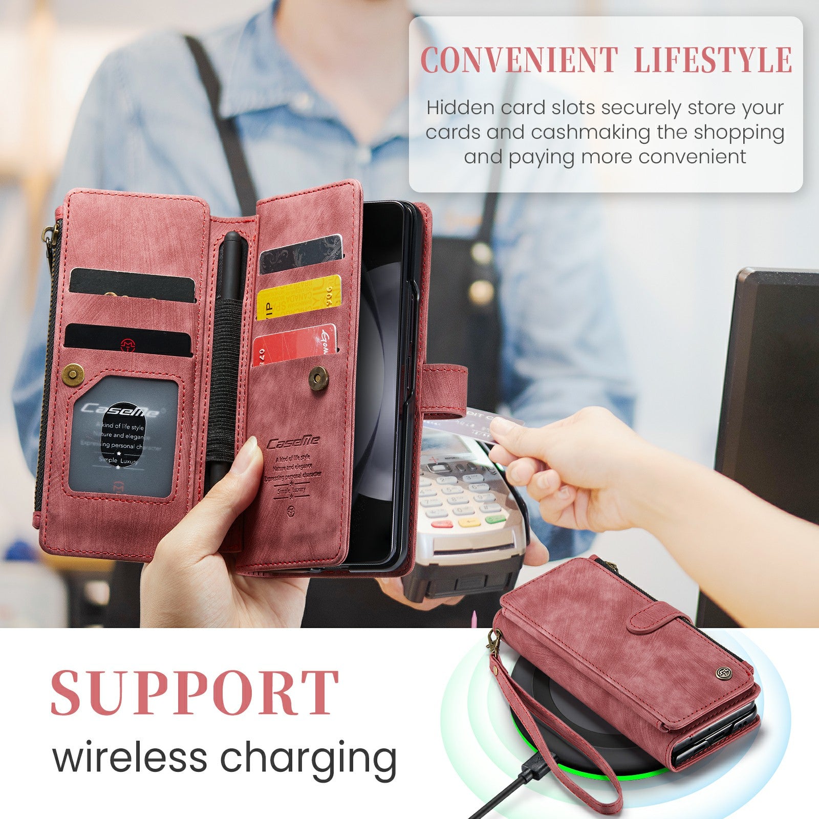 CASEME C30 Series for Samsung Galaxy Z Fold6 5G Leather Phone Case with 5 Card Slots - Red