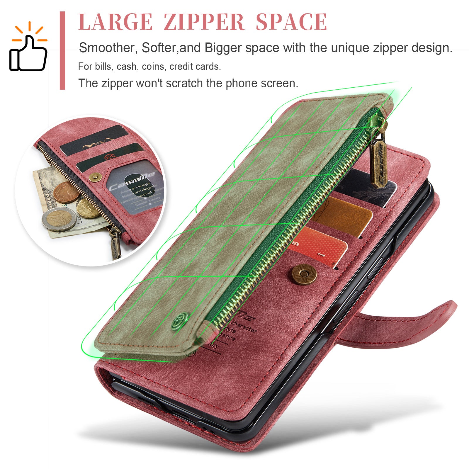 CASEME C30 Series for Samsung Galaxy Z Fold6 5G Leather Phone Case with 5 Card Slots - Red