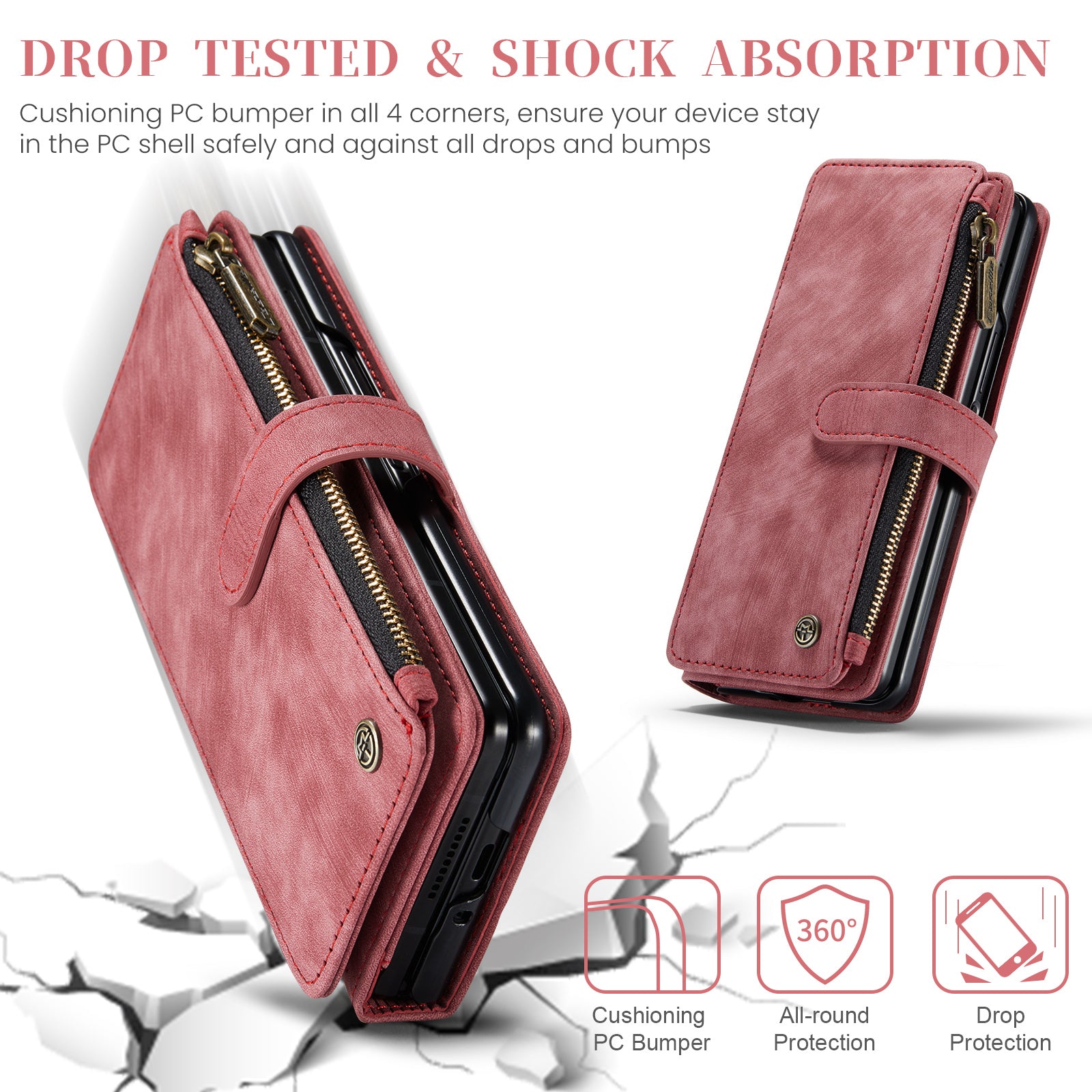 CASEME C30 Series for Samsung Galaxy Z Fold6 5G Leather Phone Case with 5 Card Slots - Red