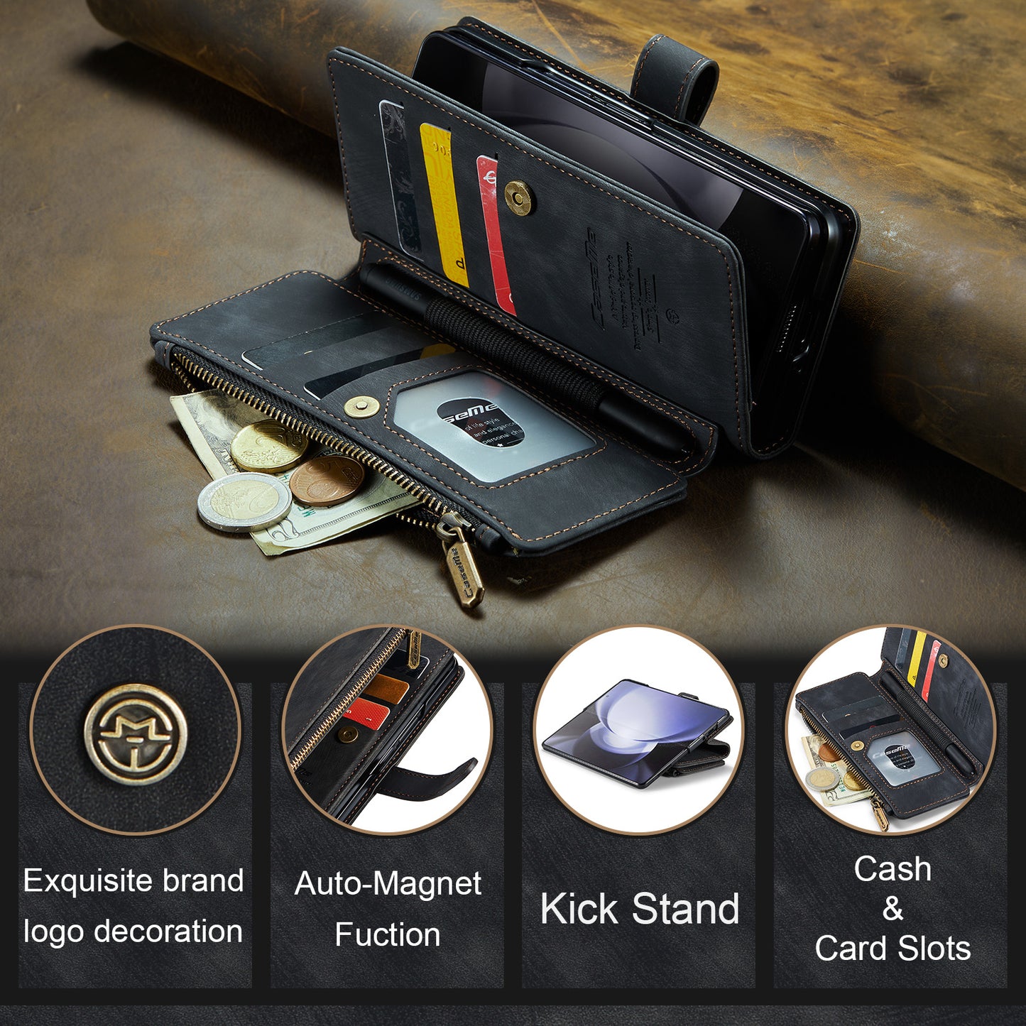 CASEME C30 Series for Samsung Galaxy Z Fold6 5G Leather Phone Case with 5 Card Slots - Black