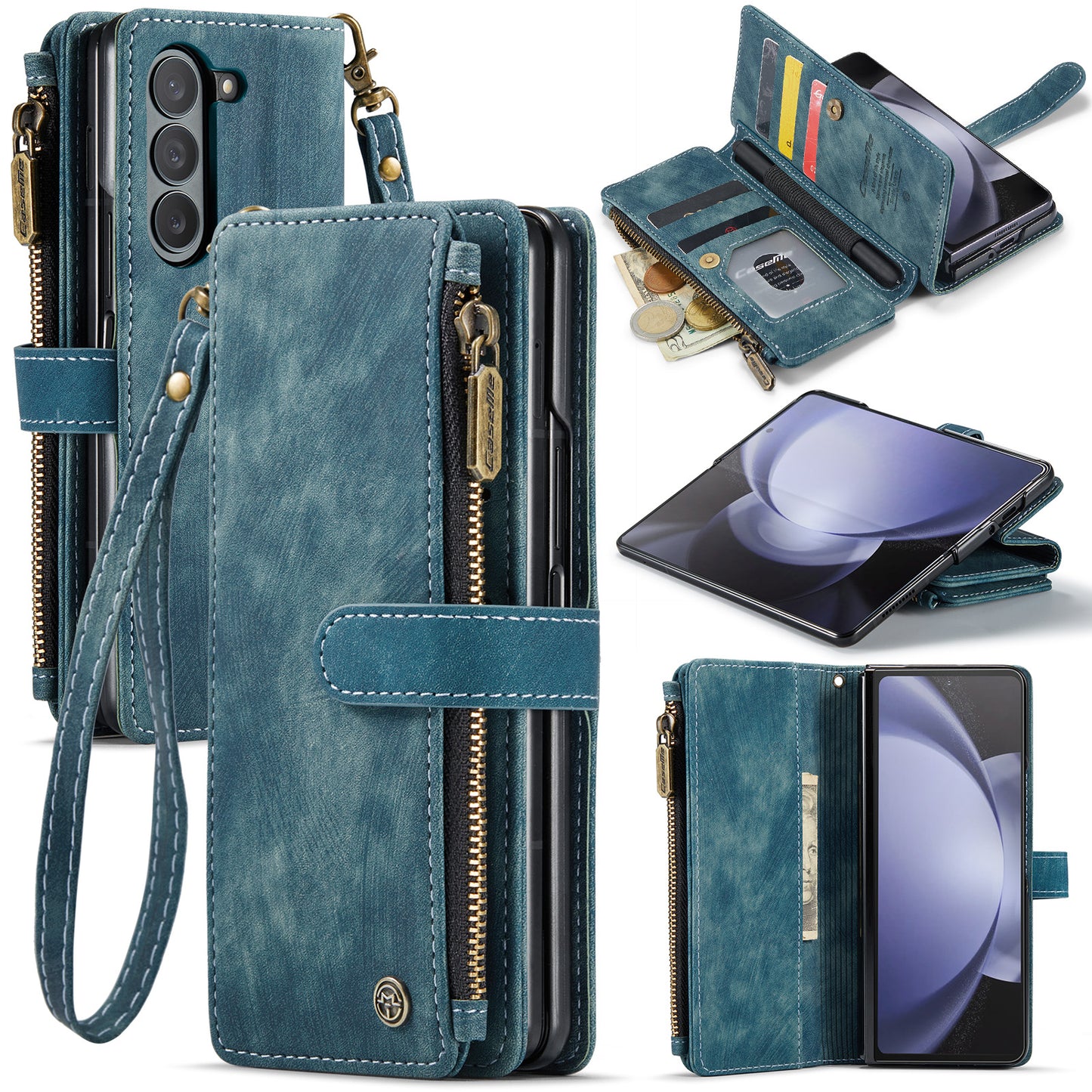 CASEME C30 Series for Samsung Galaxy Z Fold6 5G Leather Phone Case with 5 Card Slots - Blue