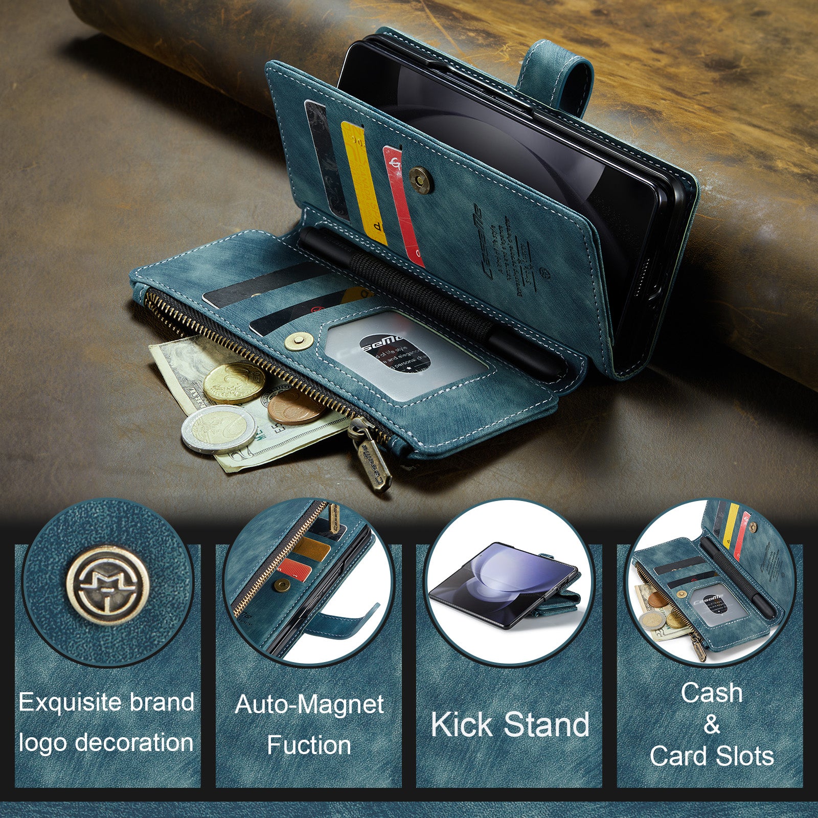 CASEME C30 Series for Samsung Galaxy Z Fold6 5G Leather Phone Case with 5 Card Slots - Blue