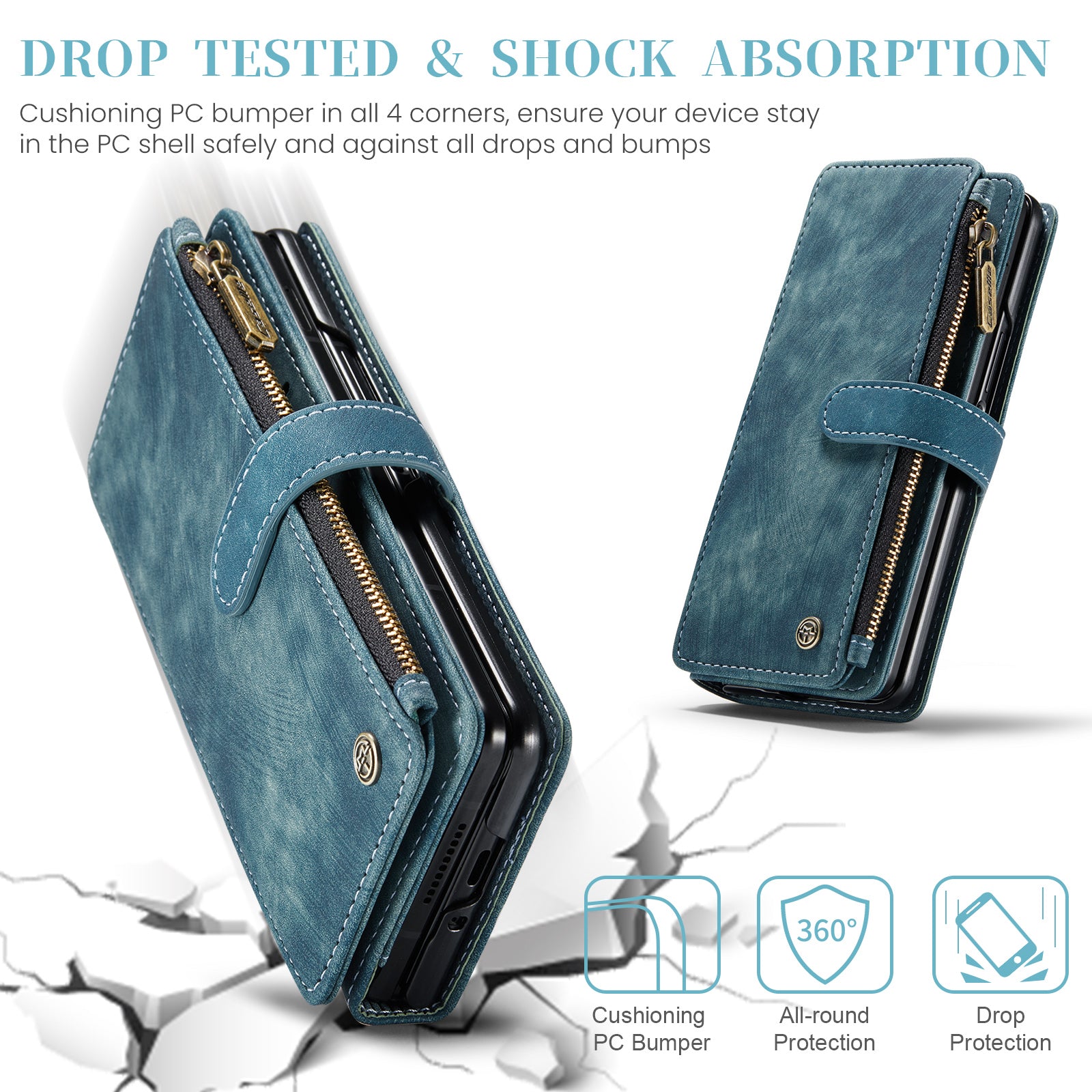 CASEME C30 Series for Samsung Galaxy Z Fold6 5G Leather Phone Case with 5 Card Slots - Blue