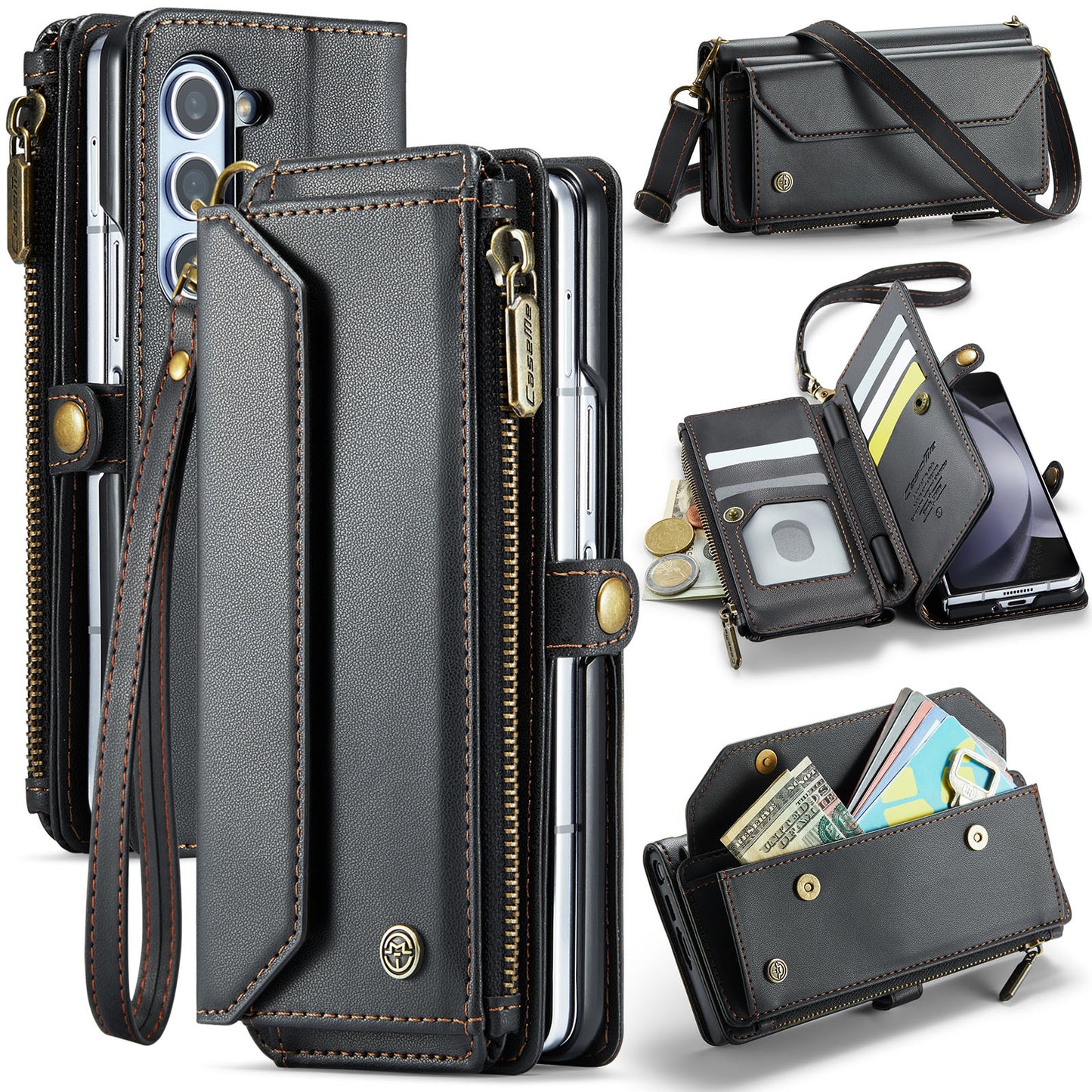 CASEME C36 Series For Samsung Galaxy Z Fold6 5G Leather Case with 5 Card Slots / Shoulder Strap -  Black