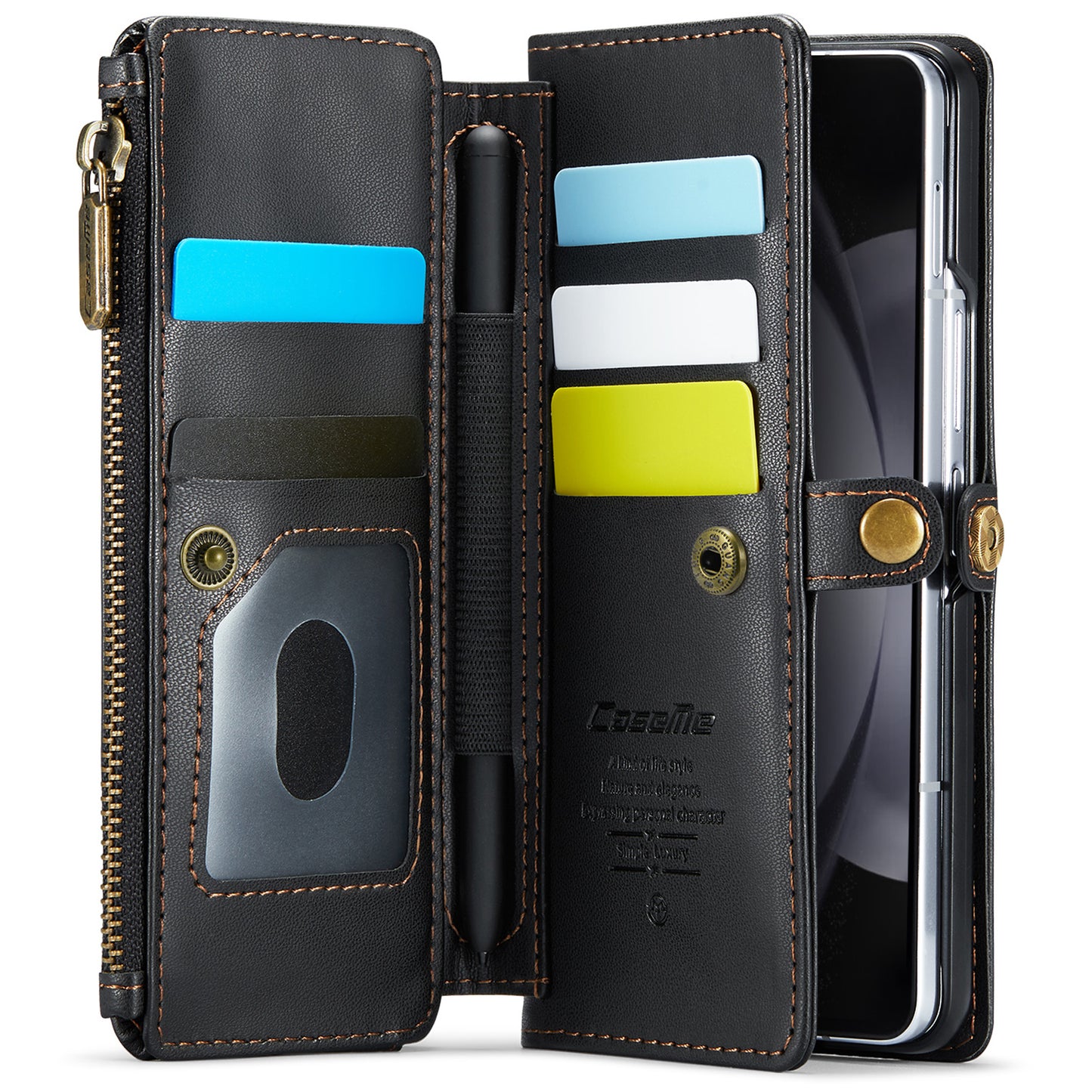 CASEME C36 Series For Samsung Galaxy Z Fold6 5G Leather Case with 5 Card Slots / Shoulder Strap -  Black