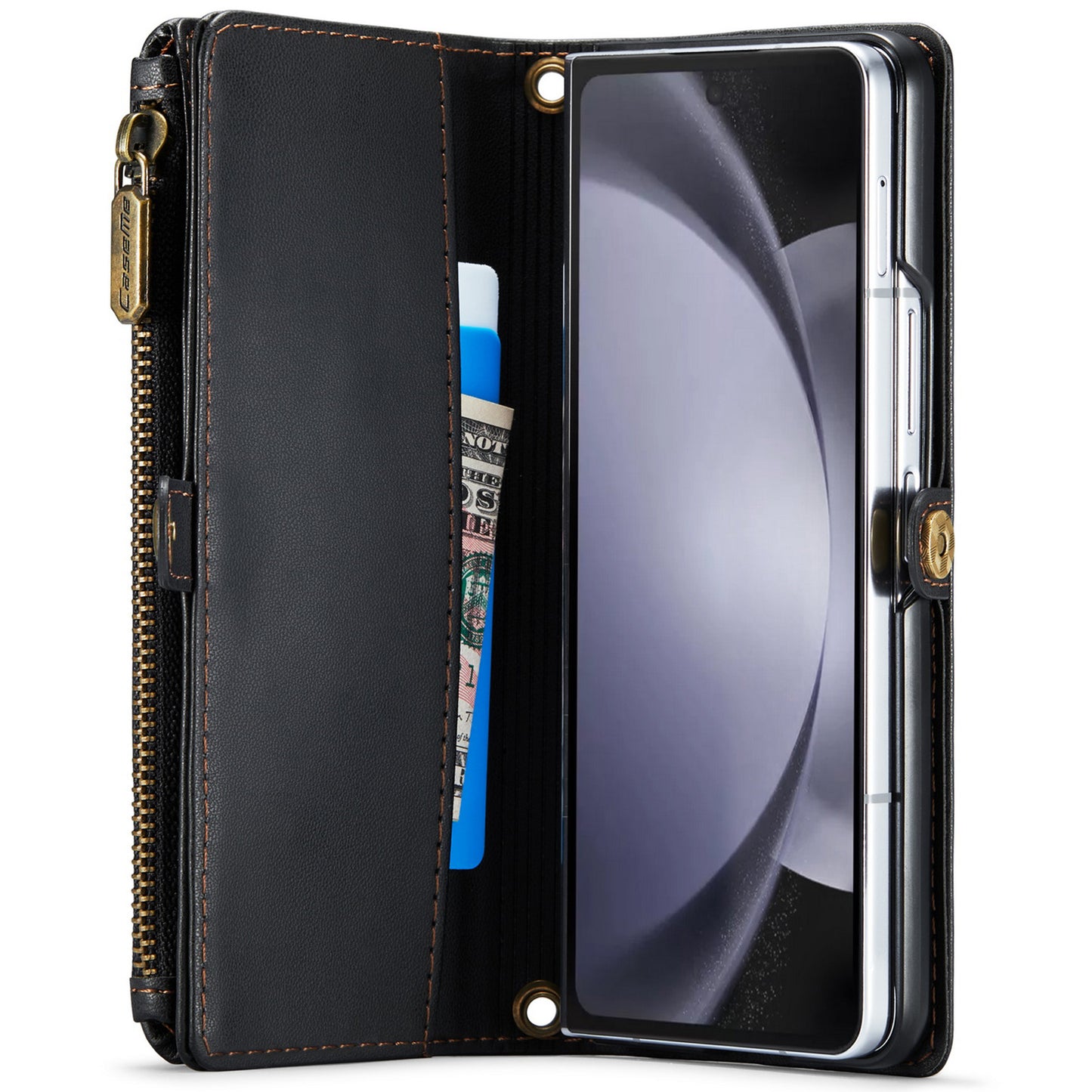 CASEME C36 Series For Samsung Galaxy Z Fold6 5G Leather Case with 5 Card Slots / Shoulder Strap -  Black