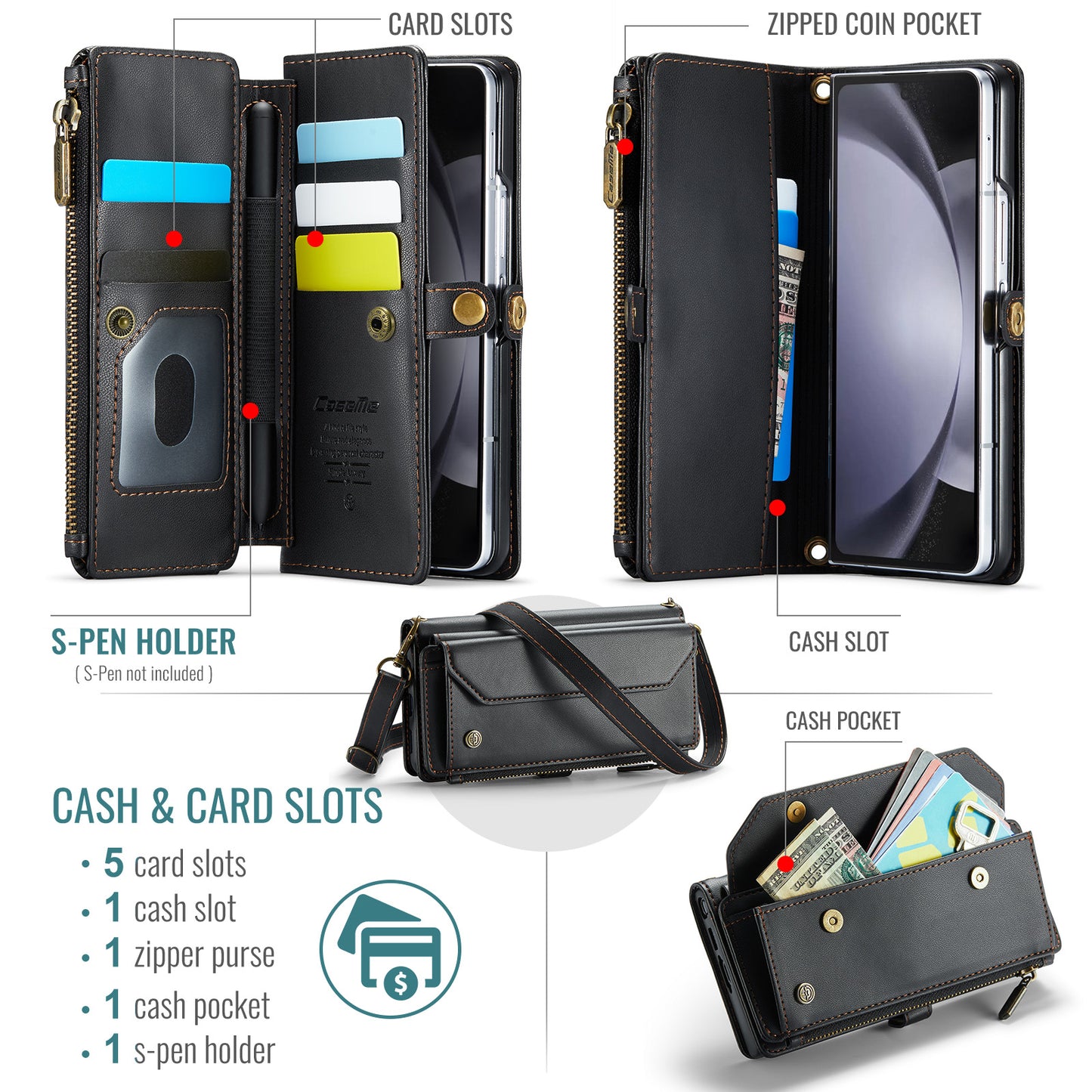 CASEME C36 Series For Samsung Galaxy Z Fold6 5G Leather Case with 5 Card Slots / Shoulder Strap -  Black