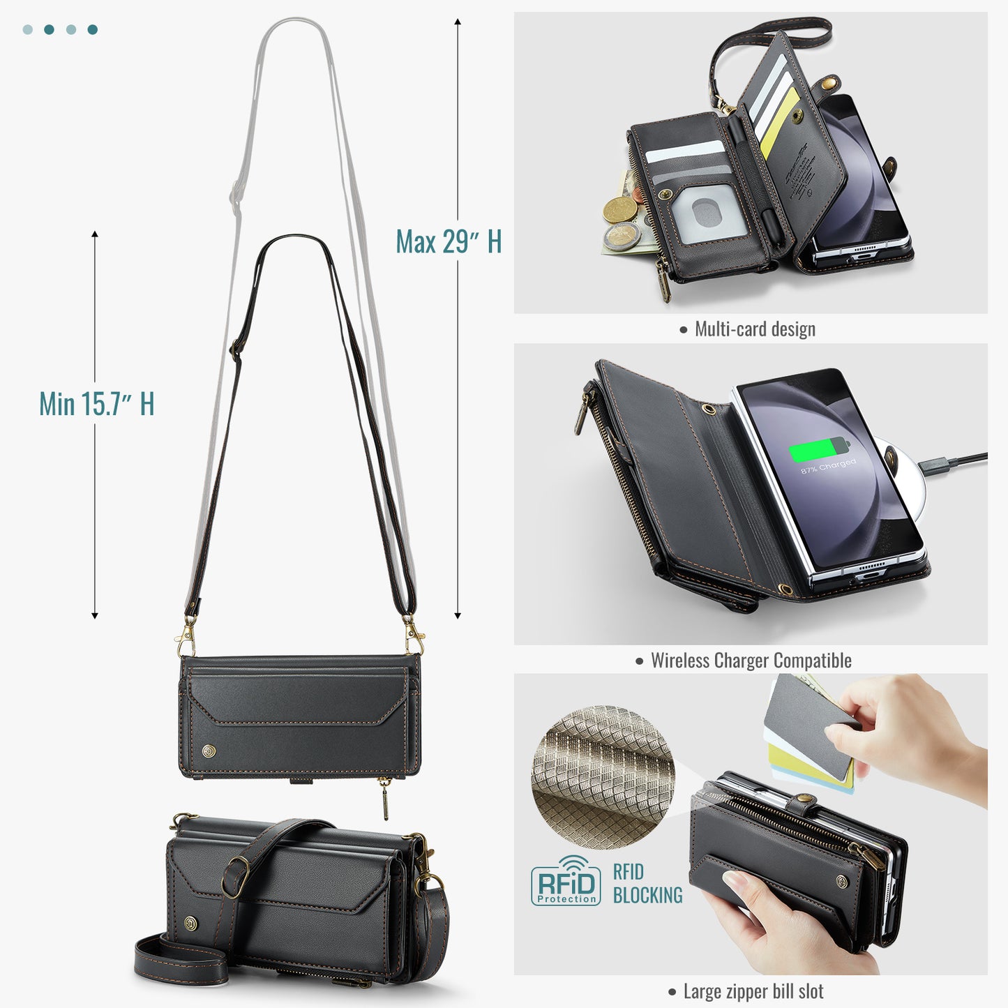 CASEME C36 Series For Samsung Galaxy Z Fold6 5G Leather Case with 5 Card Slots / Shoulder Strap -  Black