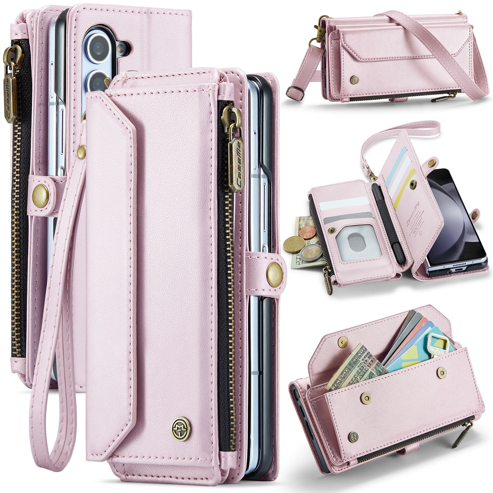 CASEME C36 Series For Samsung Galaxy Z Fold6 5G Leather Case with 5 Card Slots / Shoulder Strap -  Rose Gold