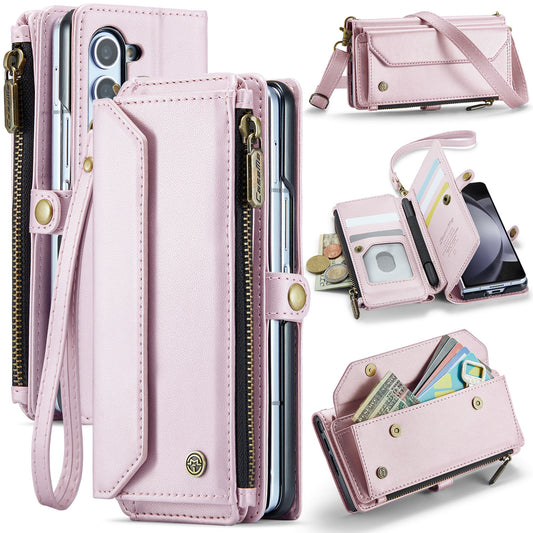 CASEME C36 Series For Samsung Galaxy Z Fold6 5G Leather Case with 5 Card Slots / Shoulder Strap -  Rose Gold