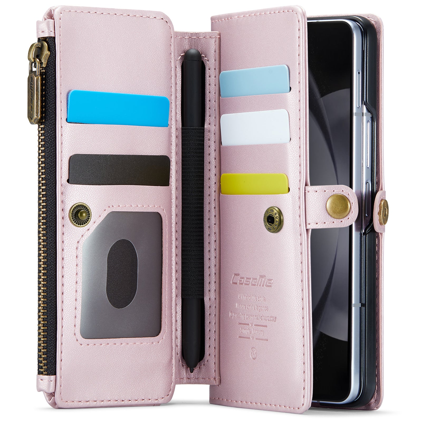 CASEME C36 Series For Samsung Galaxy Z Fold6 5G Leather Case with 5 Card Slots / Shoulder Strap -  Rose Gold