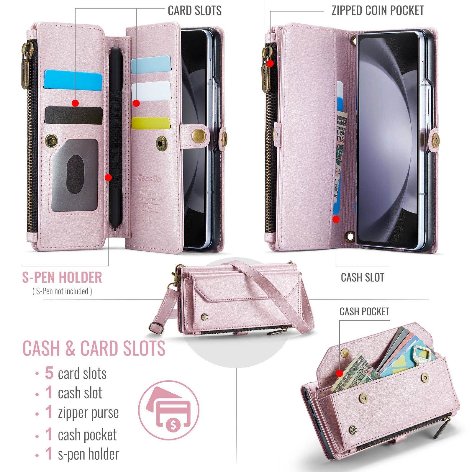 CASEME C36 Series For Samsung Galaxy Z Fold6 5G Leather Case with 5 Card Slots / Shoulder Strap -  Rose Gold