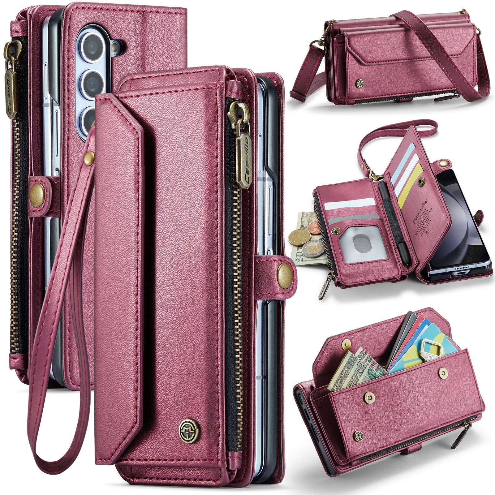 CASEME C36 Series For Samsung Galaxy Z Fold6 5G Leather Case with 5 Card Slots / Shoulder Strap -  Wine Red