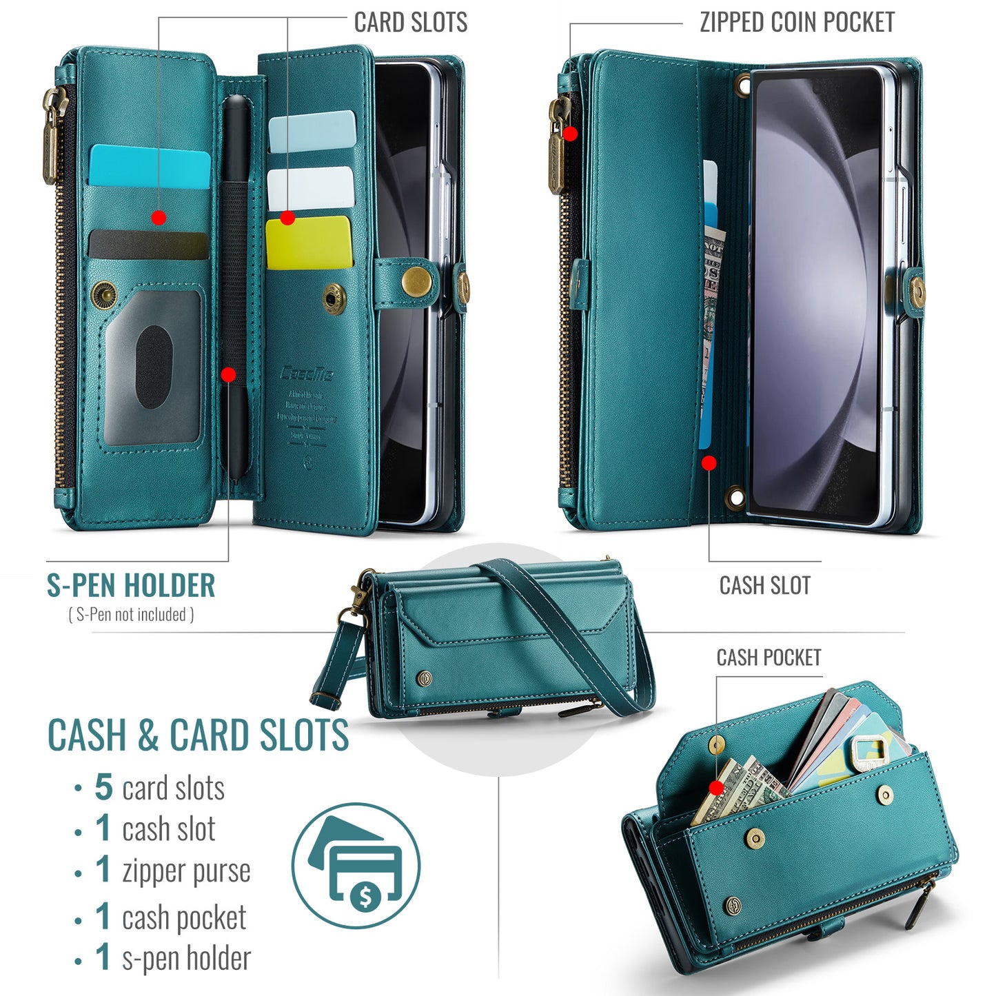 CASEME C36 Series For Samsung Galaxy Z Fold6 5G Leather Case with 5 Card Slots / Shoulder Strap -  Green