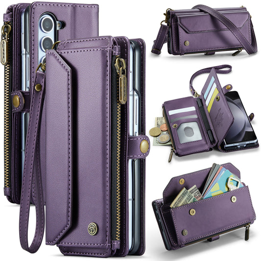 CASEME C36 Series For Samsung Galaxy Z Fold6 5G Leather Case with 5 Card Slots / Shoulder Strap -  Purple