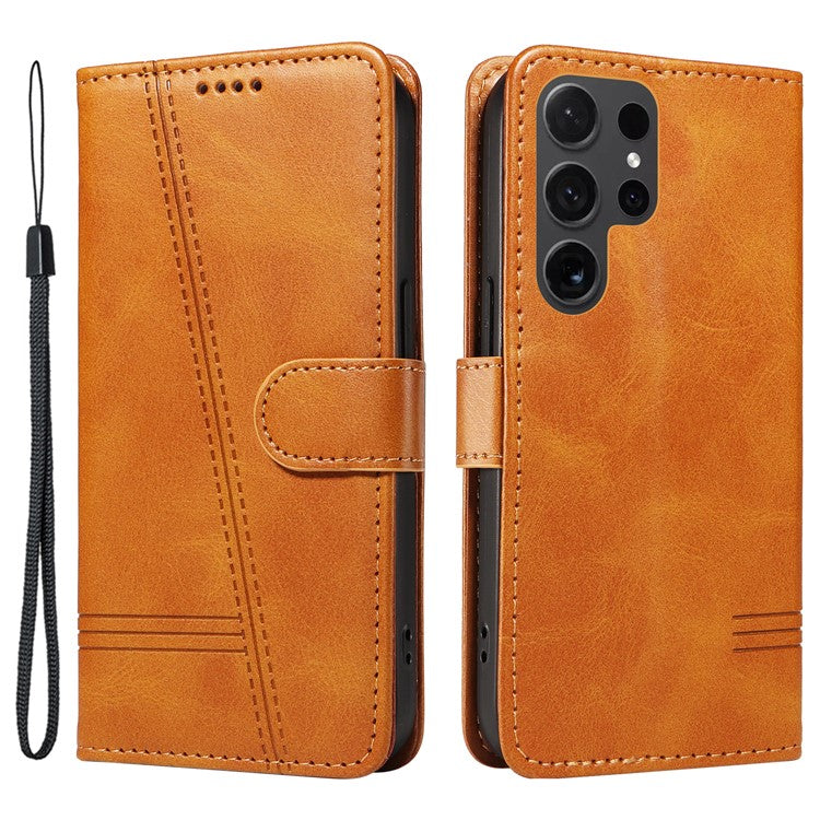 For Samsung Galaxy S24 Ultra Case T-Shaped Lines Leather Wallet Cover - Yellow