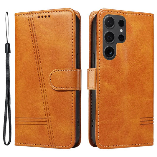 For Samsung Galaxy S24 Ultra Case T-Shaped Lines Leather Wallet Cover - Yellow