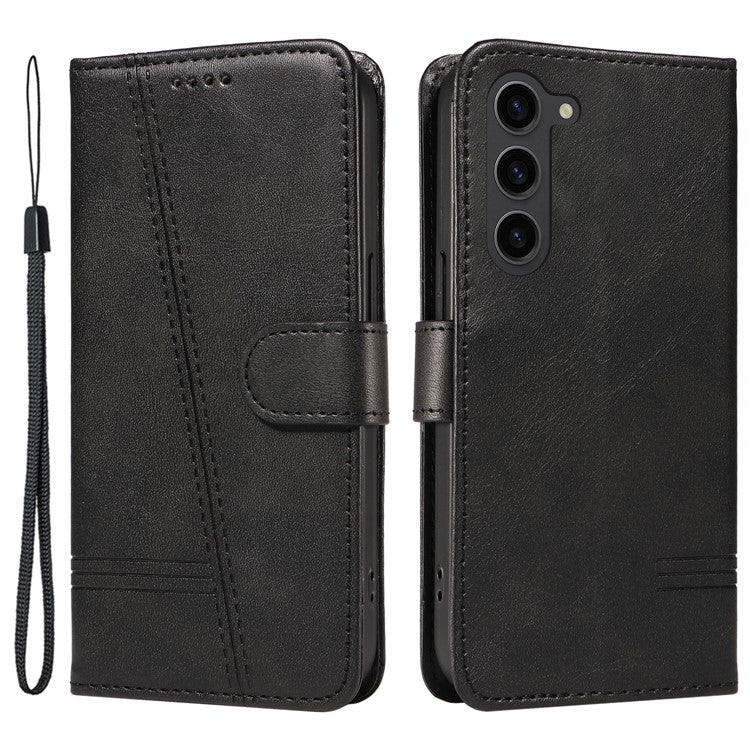 For Samsung Galaxy S23+ Case T-Shaped Lines PU Leather Wallet Phone Cover - Black