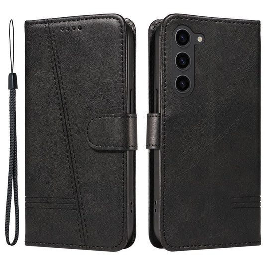 For Samsung Galaxy S23+ Case T-Shaped Lines PU Leather Wallet Phone Cover - Black