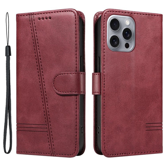 For iPhone 16 Pro Case with Strap T-Shaped Lines Imprinted Leather Phone Cover - Wine Red
