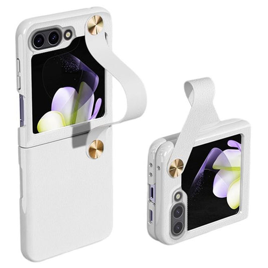 GKK For Samsung Galaxy Z Flip7 FE 5G / Z Flip6 5G Case Ultra-Thin PC+PU Folding Phone Case with Leather Strap - White