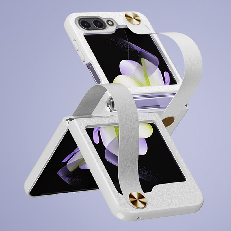GKK For Samsung Galaxy Z Flip6 5G Case Ultra-Thin PC+PU Folding Phone Case with Leather Strap - White