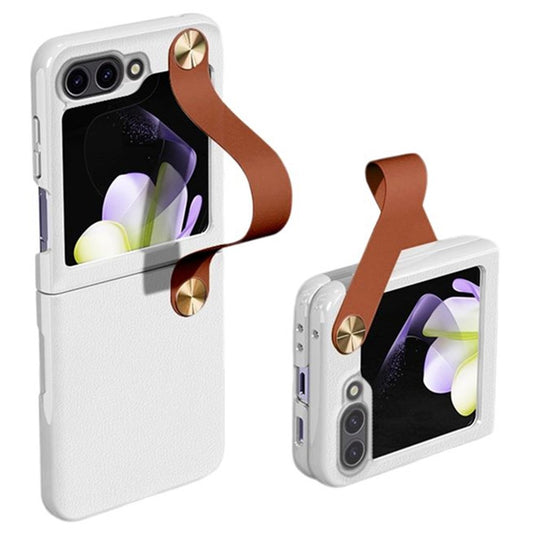 GKK For Samsung Galaxy Z Flip7 FE 5G / Z Flip6 5G Case Ultra-Thin PC+PU Folding Phone Case with Leather Strap - White / Brown