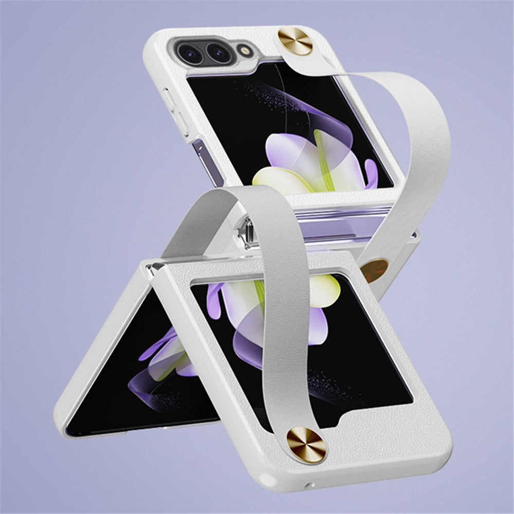 GKK For Samsung Galaxy Z Flip7 FE 5G / Z Flip6 5G Case Ultra-Thin PC+PU Folding Phone Case with Leather Strap - White / Brown