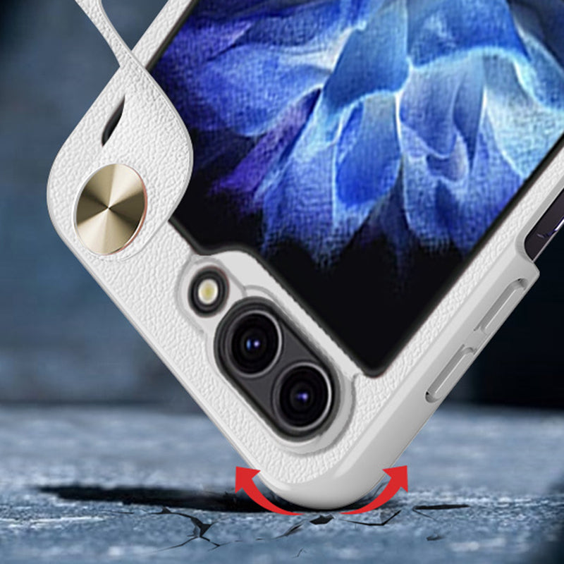 GKK For Samsung Galaxy Z Flip6 5G Case Ultra-Thin PC+PU Folding Phone Case with Leather Strap - White / Brown